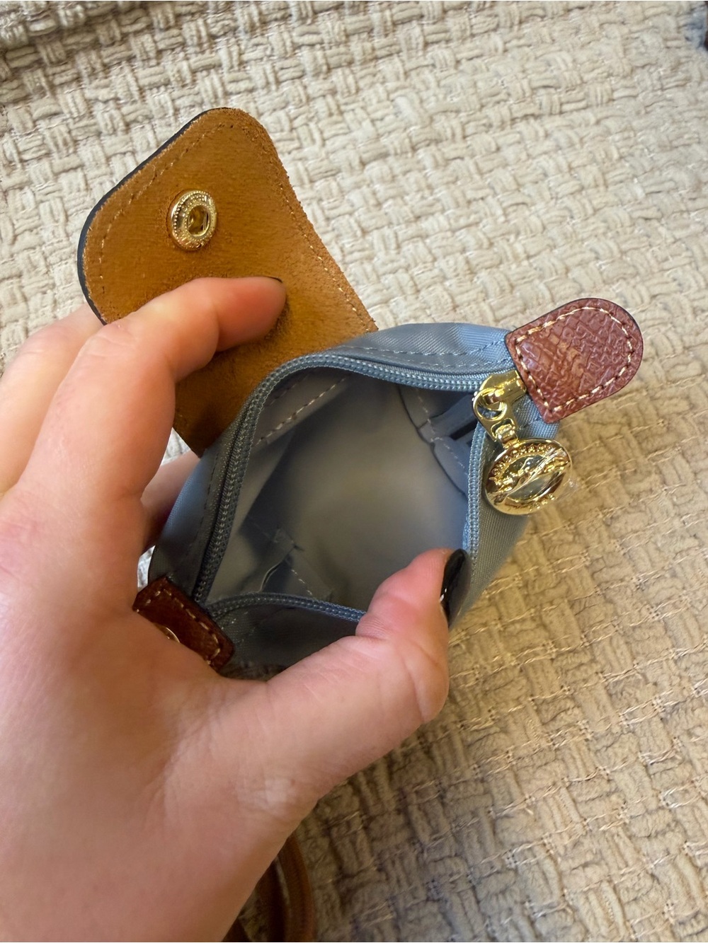Longchamp Gray Mini Pouch with Brown Leather Trim and Wrist Strap - Picture 3 of 3